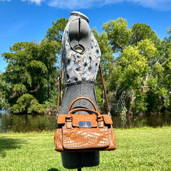 MICHAEL Michael Kors Sloan Croc Embossed Mocha Leather Silver Shoulder Satchel - Picture 5 of 15